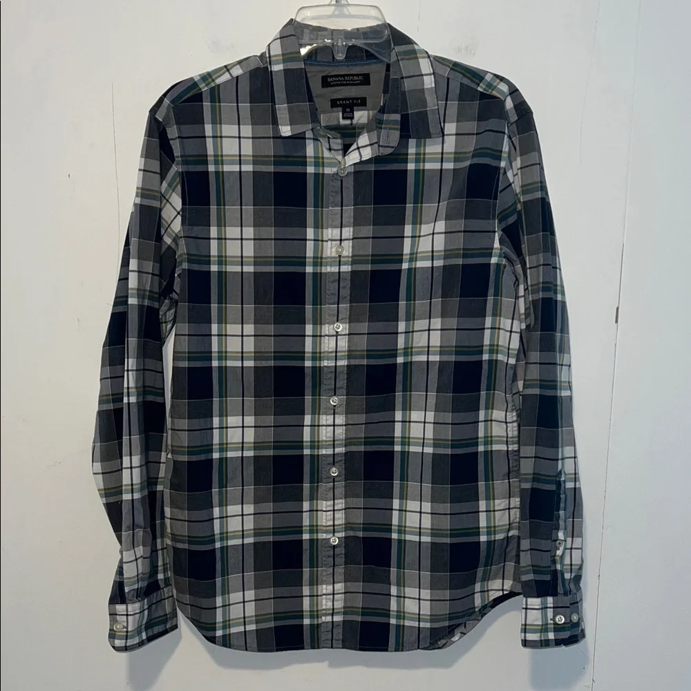 Banana Republic Men's Plaid Shirt - Navy, White, Green Button Up 0009